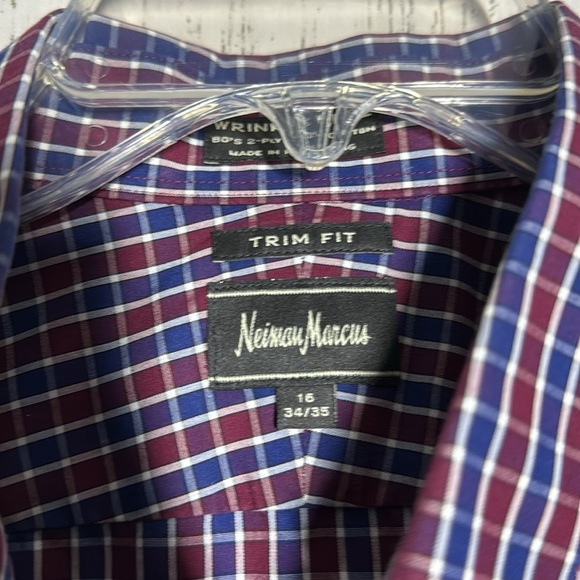 Neiman Marcus Red White Blue Trim Fit Collared Button Down Dress Shirt Neck 16 - Picture 3 of 3